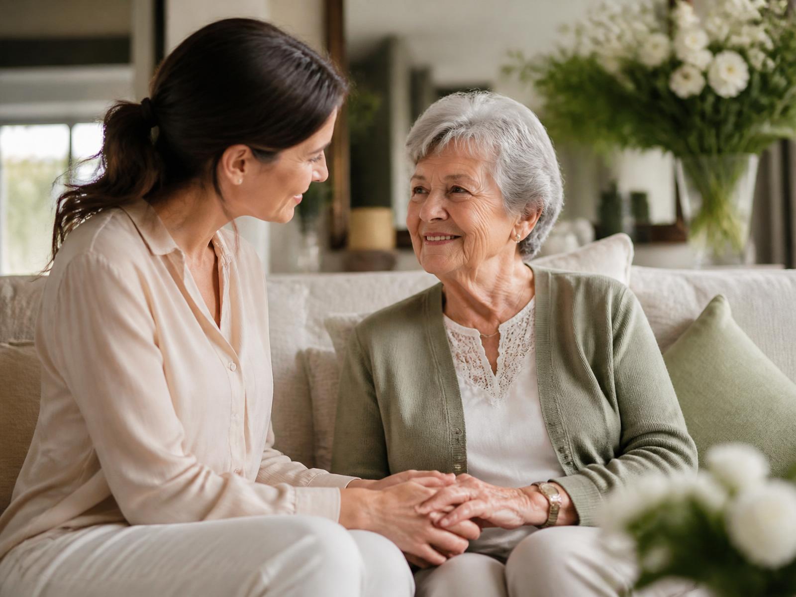 Compassionate caregiver holding hands with a smiling senior woman at home